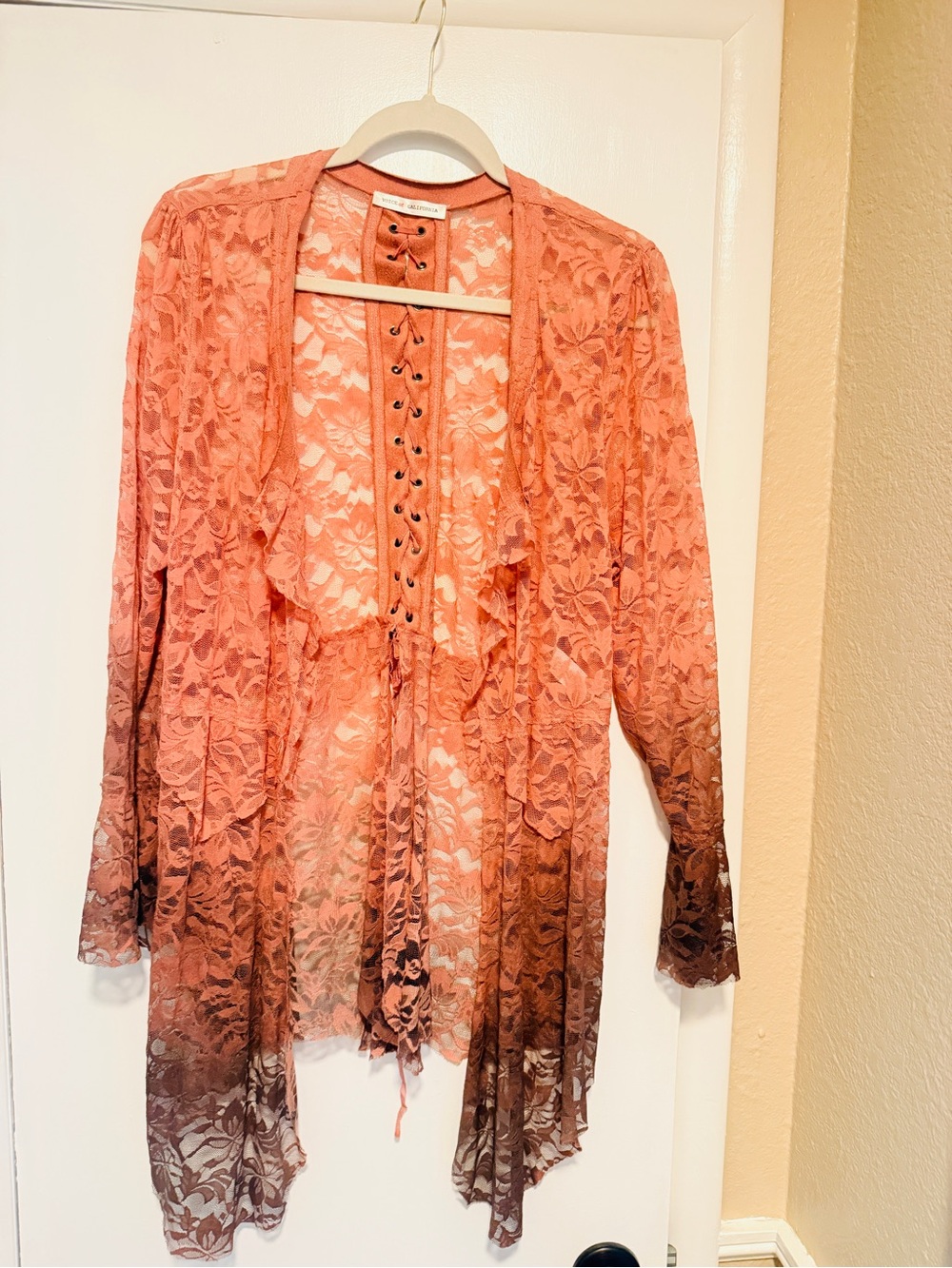 Two Lace Open Front Cardigan - Coral Ombre and tan ombré